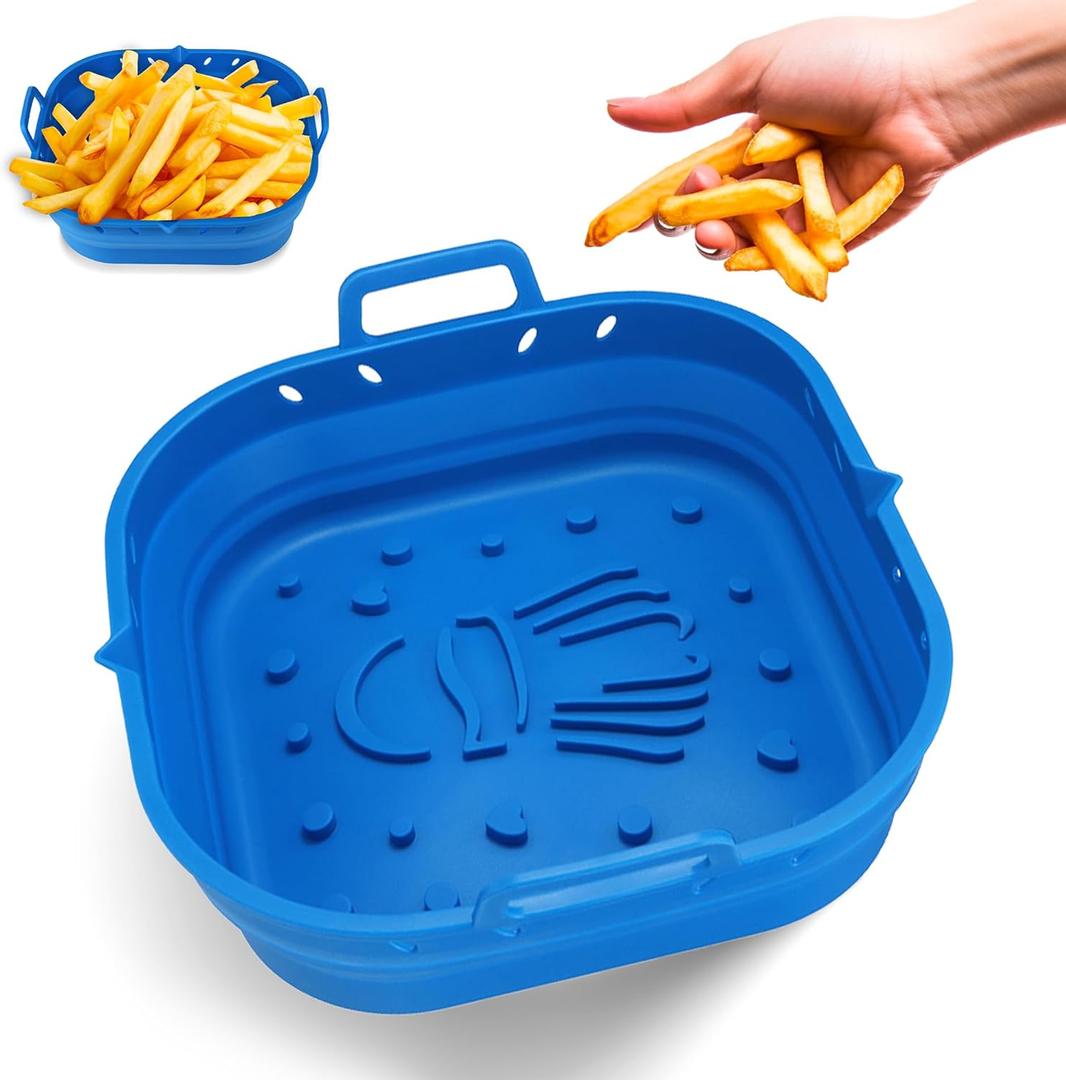 Platinum Silicone Air Fryer Liners Reusable Square -Extra Strong-Easy to Clean Blue Air Fryer basket for Oven Microwave Accessories - BPA Free - Food Safe Pot for 5.8QT to 8 QT - 9 Inch