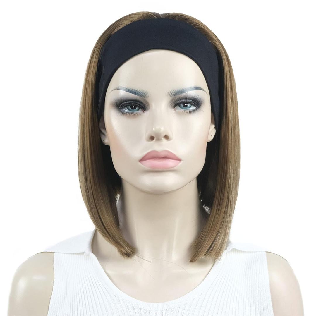 Aimole Short Straight Bob 3/4 Wig with Headband Half Synthetic Wigs Women Hair(12TT26 Brown with Highlights)