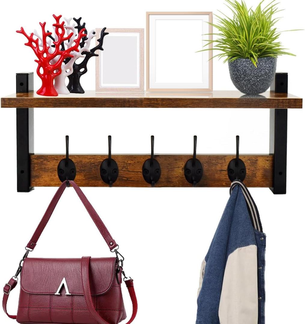 Wall Hooks with Shelf Coat Rack Wall Mount Shelf with 5 Metal Hooks Coat Backpack Key Clothes Hanger with Storage, Wall Floating Shelf Hanging in Entryway, Living Room, Bathroom, Bedroom, Kitchen