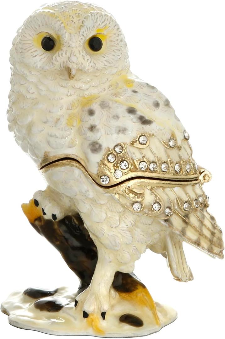 Hand Painted Enamel Barn Owl Trinket Box, Hinged Unique Mini Ring Necklace Jewelry Organizer, Classical Bejeweled Storage, Figurine Collectible Keepsake Home Decor (Barn Owl) (Barn Owl)