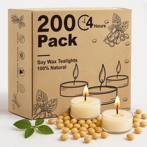 Crenovo Soy Wax Tea Light Candles 200 Pack, 4 Hour Long Burning Unscented Tea Lights, Non-Toxic, Smokeless, Mini Votive Candles for Wedding, Party, Dinner, Emergency