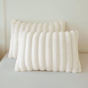 MEGO Pack of 2 Fluffy Faux Rabbit Fur Pillowcases, Ivory Striped Plush Fuzzy Bed Pillow Cases with Zipper, Farmhouse Shaggy Furry Ribbed Long Pillow Covers for Kids Teens Adults 20x26, Standard, Beige