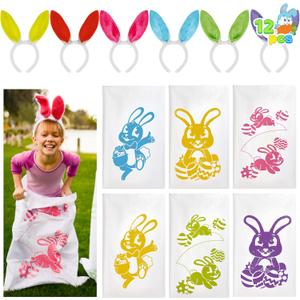 JOYIN 12PCS Easter Potato Sack Race Jumping Bags 24 * 40 with Bunny Ears Headbands for All Ages Kids Easter Theme Party Favor, Easter Eggs Hunt Game Activities,Easter Party Supplies, Party Games