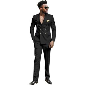 African Suits for Men Double Breasted Slim Fit Jackets and Trousers 2 Piece Set Slim Fit Business Suit (X-Large, Black)