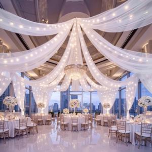 6 Panels White Ceiling Curtains with Lights for Weddings - 5ftx30ft Wrinkle-Free Tulle Fabric Wedding Arch Draping Ceiling Drapes Decorations for Wedding Party Ceremony Stage Tent Event, 60"W x 360"L