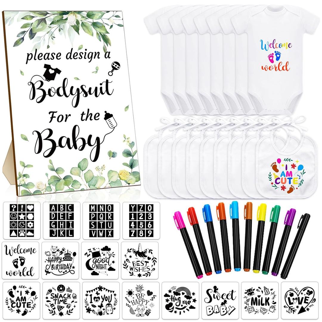 Chuarry 43 Pcs DIY Baby Bibs Decorating Kit 8 Bodysuits 8 Pcs 2 Ply White Bibs 10 Fabric Markers 16 Stencils Baby Shower Sign (Greenery)