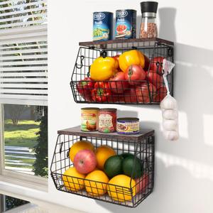 Fruit Bowl, Stackable Wall Mounted Fruit Basket of Smooth Wood Lid with 4 Banana Hanger Hooks, Metal Kitchen Counter Organizer for Snack, Fruit and Vegetable Storage, 11.8 * 7.9 * 8.5 Inches (Large x2, Dark Brown)