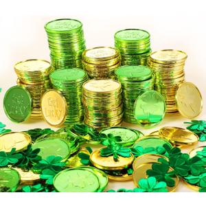 240 Pcs St. Patrick's Day Gold Coins with Shamrock Confetti Plastic Shamrock Gold Green Lucky Coins Clover Confetti for Irish Party Birthday Baby Shower Decorations