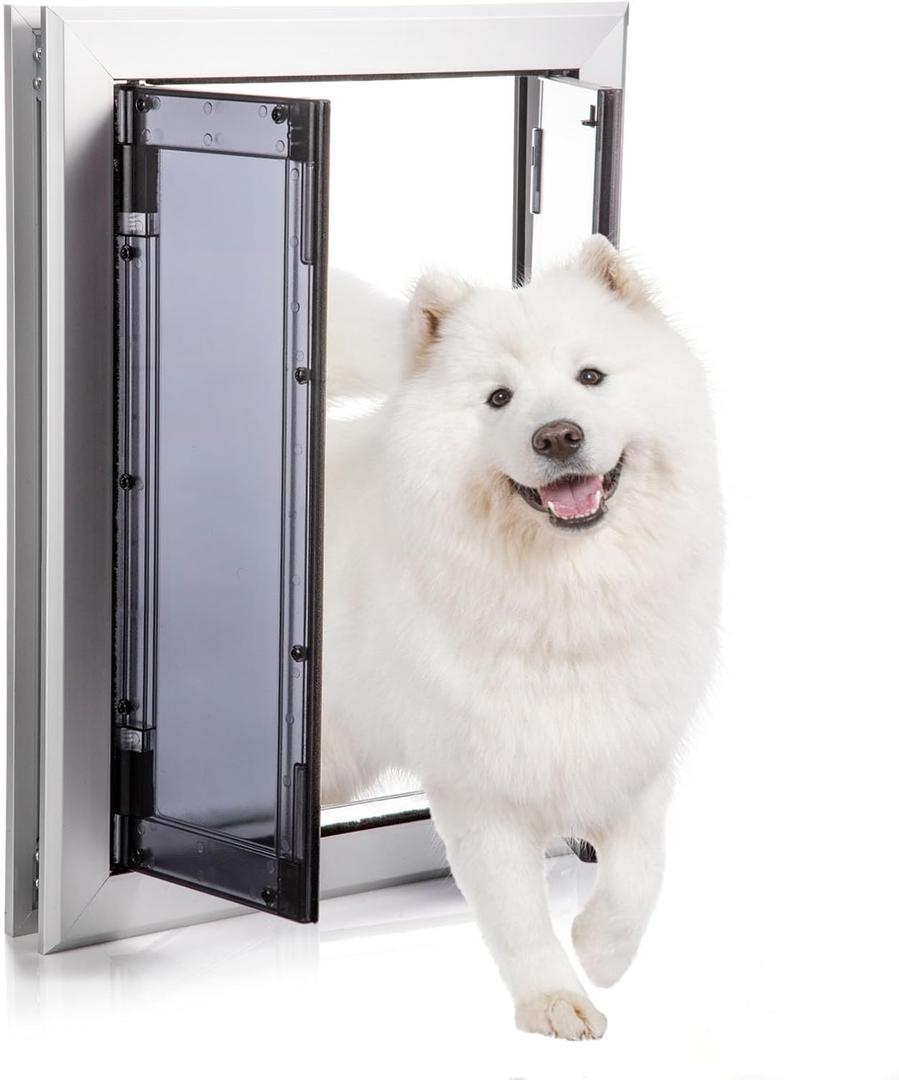 Premium Large Dog Door, Aluminum Pet Door with Double Panels, Doggie Door with Automatic Closing Magnetic Flaps, Slide-in Panel & 4 Security Locks, Weather Resistant & Durable Use, Large