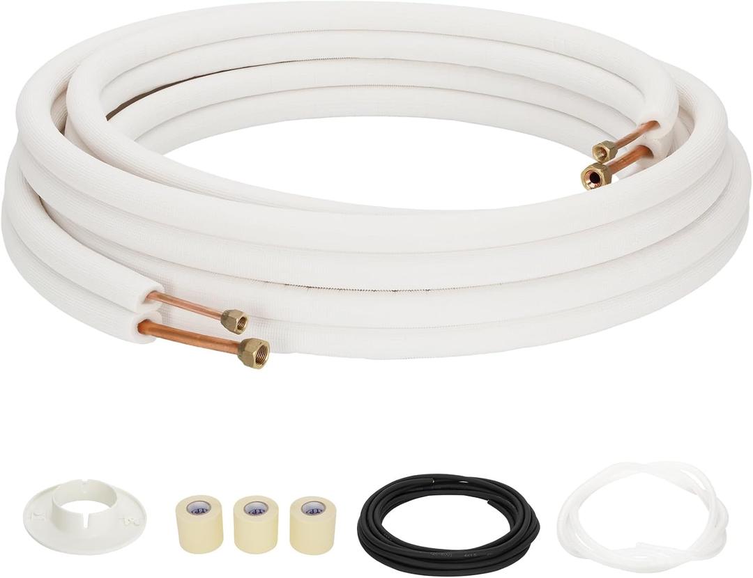 25FT Mini Split Line Set,Coil Line Set HVAC Refrigerant with Nuts(1/4+3/8).Includes - 3/8" & 1/4" OD Copper Tubing, 3/8" Thick Insulation, Flared Nuts - for DIY Mini Split AC/Heat Pump Installation