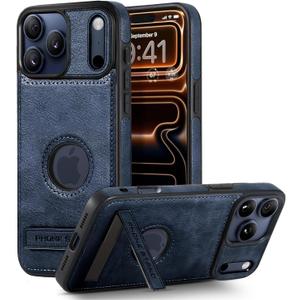Leather Case for iPhone 17 Pro Case, Protective Slim with Kickstand Shockproof Phone Cases, Built-in Invisible Stand Compatible with iPhone 17 Pro 6.3'' (Blue)