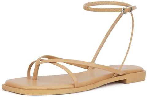 DIFEMA Womens Flats Sandals Square Toe Strappy Ankle Strap Flats, Size 7, Nude