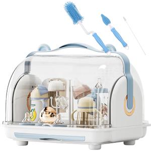 Baby Bottle Drying Rack Storage with 3 Bottle Brush Set (Blue), Large
