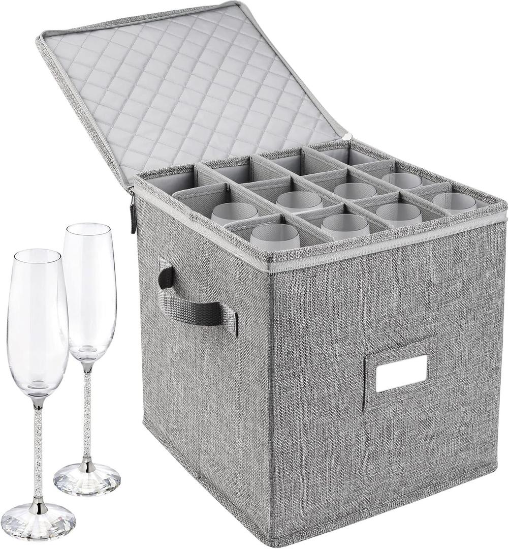 LotFancy Champagne Flute Storage Container, Hard Shell, Stackable, 12" Tall Wine Glass Storage Box with Dividers & Handles, Stemware, Crystal Glassware, Drinkware Case for Moving, Grey