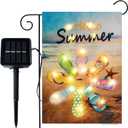 Hello Summer Beach Flip Flop Garden Flag with Lights- Solar LED Burlap Garden Yard Outdoor Flags Summer 12x18 Double Sided Banner for Patio Lawn Outside Decoration Farmhouse