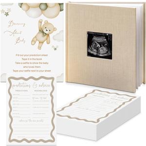 50 Pcs Baby Prediction and Advice Cards Album Organizer Predict Standing Sign for Baby Shower Linen Cover Scrapbook Album Photo Booth Activities Game Gender Reveal Party Supplies Keepsake Memory Book, 10.63 x 11.02 inches