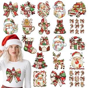 Dazoratix Christmas Iron on Patches - 20 Sheets Patchwork DTF Ready to Press Transfers for T Shirts Cute Heat Patches Xmas Vinyl Stickers Decals for Clothing Pillow Bags Hoodies DIY Crafts Decorations