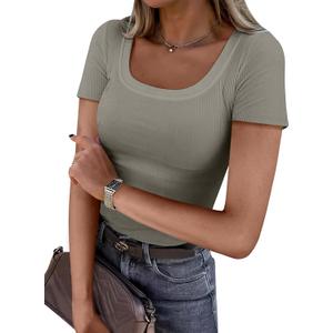 Women's Short Sleeve Tops Casual Scoop Neck Ribbed Knit Slim Fitted Basic Tee Shirts 2025 Summer Trendy Outfits (Large)