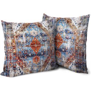 Boho Throw Pillow Covers 16x16 inch Set of 2 Monaco Rug Carpet Double Sided Pattern Cotton Soft Pillow Case Cushion Cover Bohemian Pillowcase for Couch Sofa Bed Decorative, Red Blue