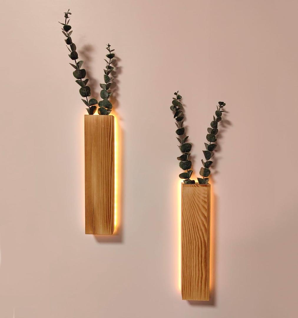 2 Pack Wall Planter with Led Lights Wood Plant Hanger with Artificial Eucalyptus Wall Hanging Decor Pocket Planter Vases Fake Plants Dried Flowers, livingroom Bedroom Kitchen Home Office Decoration