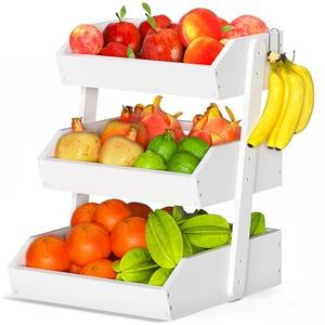Gmtsl Bamboo Fruit Basket for Kitchen– 3 Tier Fruit Bowl For Kitchen Counter, Large Fruit Holder With Banana Hangers, Idea For Vegetable Storage, Bread Display, Snack Organizer(White)