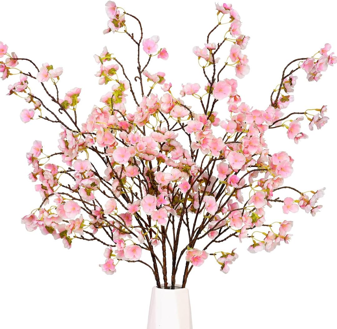 Sunm Boutique Faux Cherry Blossom Branches, Artificial Cherry Blossom Stems Cherry Blossom Flowers Vase Arrangements for Wedding Home Party Kitchen Decor, Light Pink, Set of 3