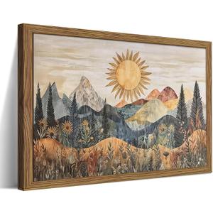 Framed Boho Sun Canvas Wall Art, Modern Abstract Mountain Landscape Painting, Southwestern Sun Poster Picture Print, Boho Floral Aesthetic Wall Decor for Bedroom Home Office 16x24 inch