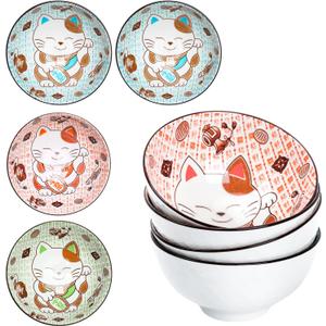 Japanese Lucky Cat Ceramic Bowl Set  4.5-Inch Porcelain Bowls with Fortune Cat Design, Perfect for Rice, Soup, Salad, and Snacks (Set of 4)
