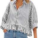 SDIPIPO Womens Summer Tops Dressy Casual Blouse Top Ruffled Short Sleeve Button Down Striped Shirt Size L