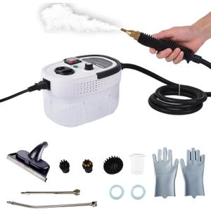 Handheld Steam Cleaner, 2500W High Pressure Steamer for Cleaning, 6 Speeds Portable Steam Cleaner Machine with 3 Brush Heads & Window Squeegee for Kitchen Furniture Bathroom Car (White)