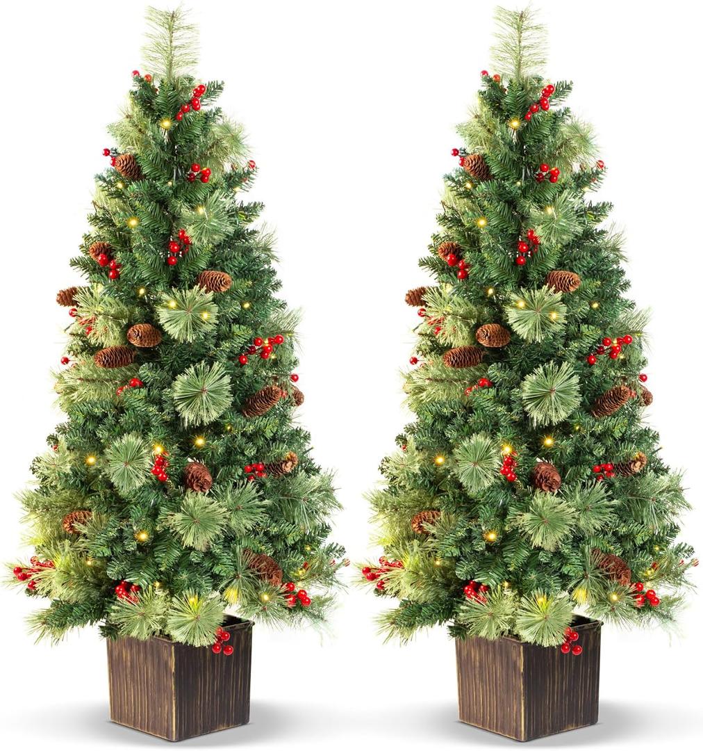 4FT Outdoor Christmas Tree with Lights in Vintage Potted Base, Battery Operated Xmas Tree with Cedar Branches & Pinecones, 100 LED Warm Lights with Timer, Porch Entryway Holiday Decor,Set of 2