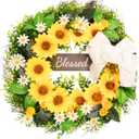 Front Door Wreath Sunflowers and Daisies, 20" Spring Wreaths for Front Door, Wreaths for Front Door w/Long Door Hook, Optional Reversible Welcome and Blessed Sign Spring Wreath, Front Door Decor