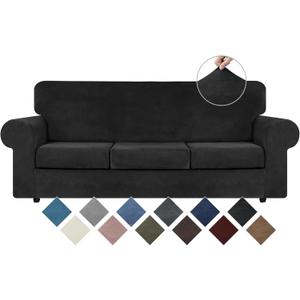 WEERRW 4 Pieces Velvet High Stretch Couch Covers for 3 Cushion Couch Sofa Slipcovers, Washable Furniture Protector with Non Slip Elastic Bottom, Feature Soft and Thick Plush Fabric, Black, Large