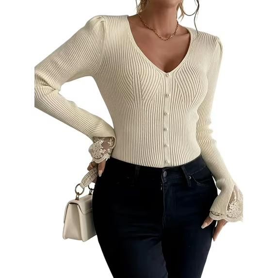 Women's V Neck Lace Long Sleeve Sweater Pearl Beaded Rib Knit Top, Large