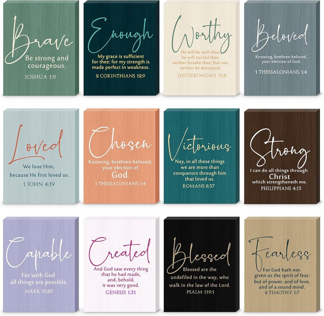 RattanView 12 Pcs Christian Gift Desk Decor Mothers Day Scripture Wooden Signs Rustic Tabletop Bible Verse Inspirational Religious Quote Table Plaque for Church Party Favor Art Wall Home 3.5in