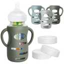 3 Pack Silicone Sleeves for Dr Brown Wide-Neck Glass Baby Bottles, Food GradeAnti Breakage Baby Bottle Holder with Handles and 3pcs Travel Bottle Caps, 9oz (1 Count (Pack of 6), Dark Green+Dark Blue+Grey)