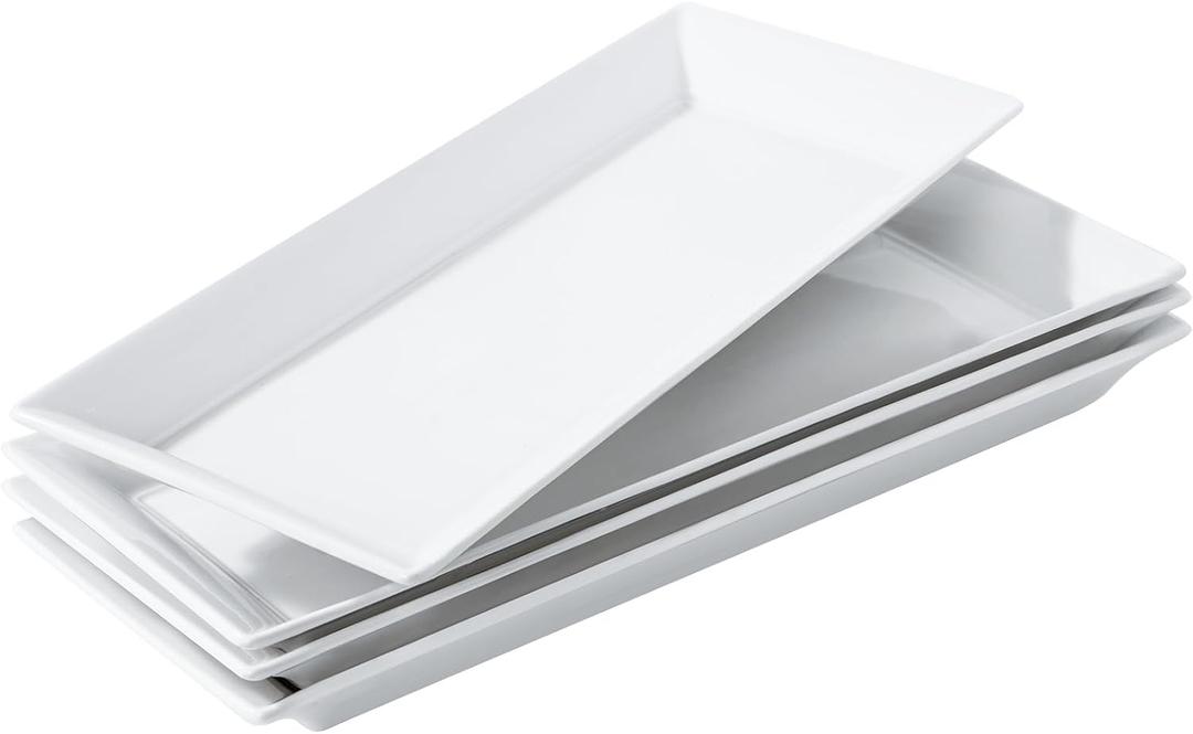 14" Rectangular Platters Set of 4, White Ceramic Platters, Large Serving Plates for Party, Entertaining, Wedding, Rectangle Serving Dishes for Steak, Sushi, Appetizer, Oven Dishwasher Safe