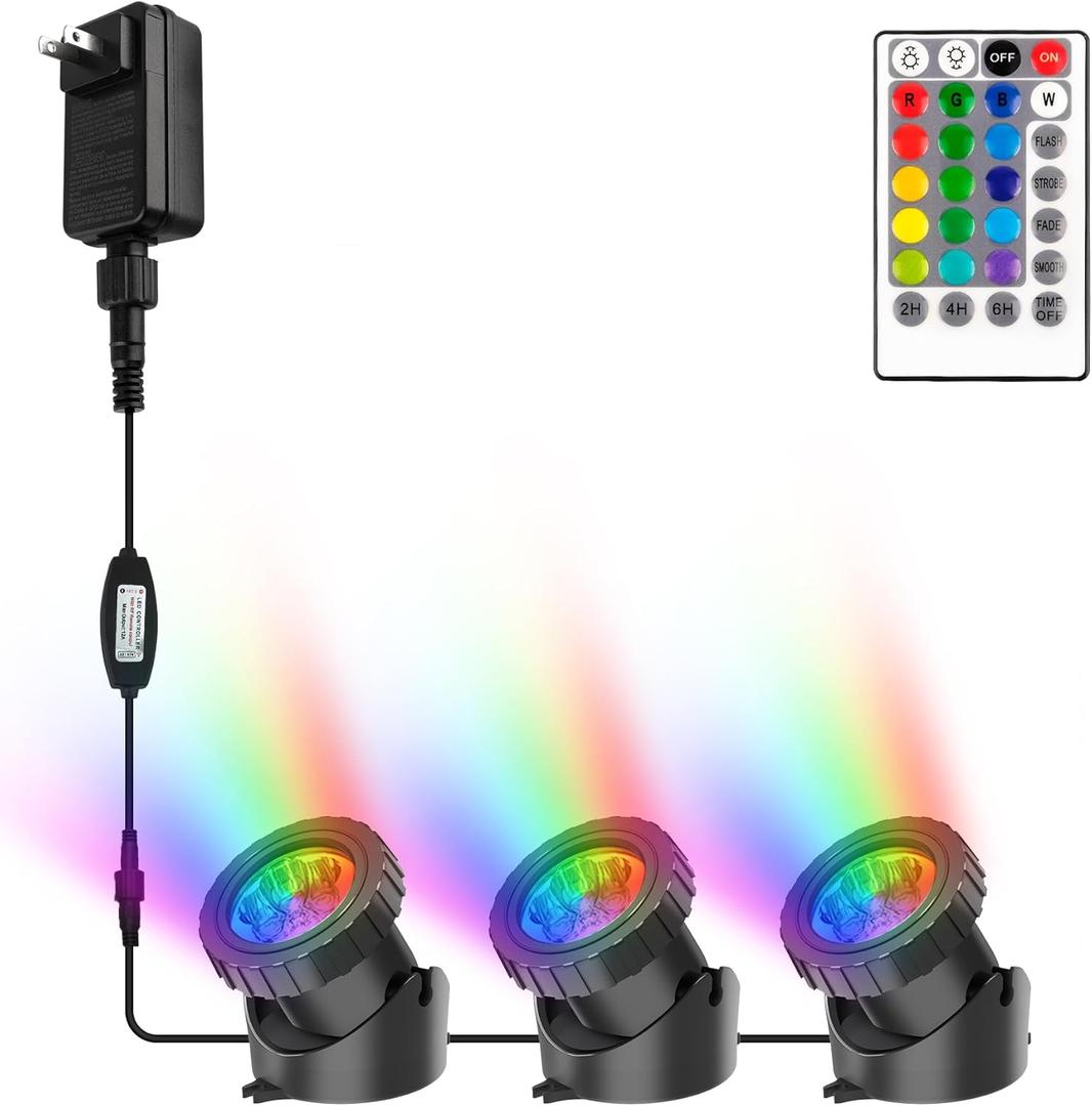 RGB Pond Lights with Timer, LED Underwater Submersible Colorful Landscape Spotlights, 98ft Remote Control IP68 Waterproof Fountain Lights for Fish Aquarium Tank Garden Yard Pool (Set of 3)