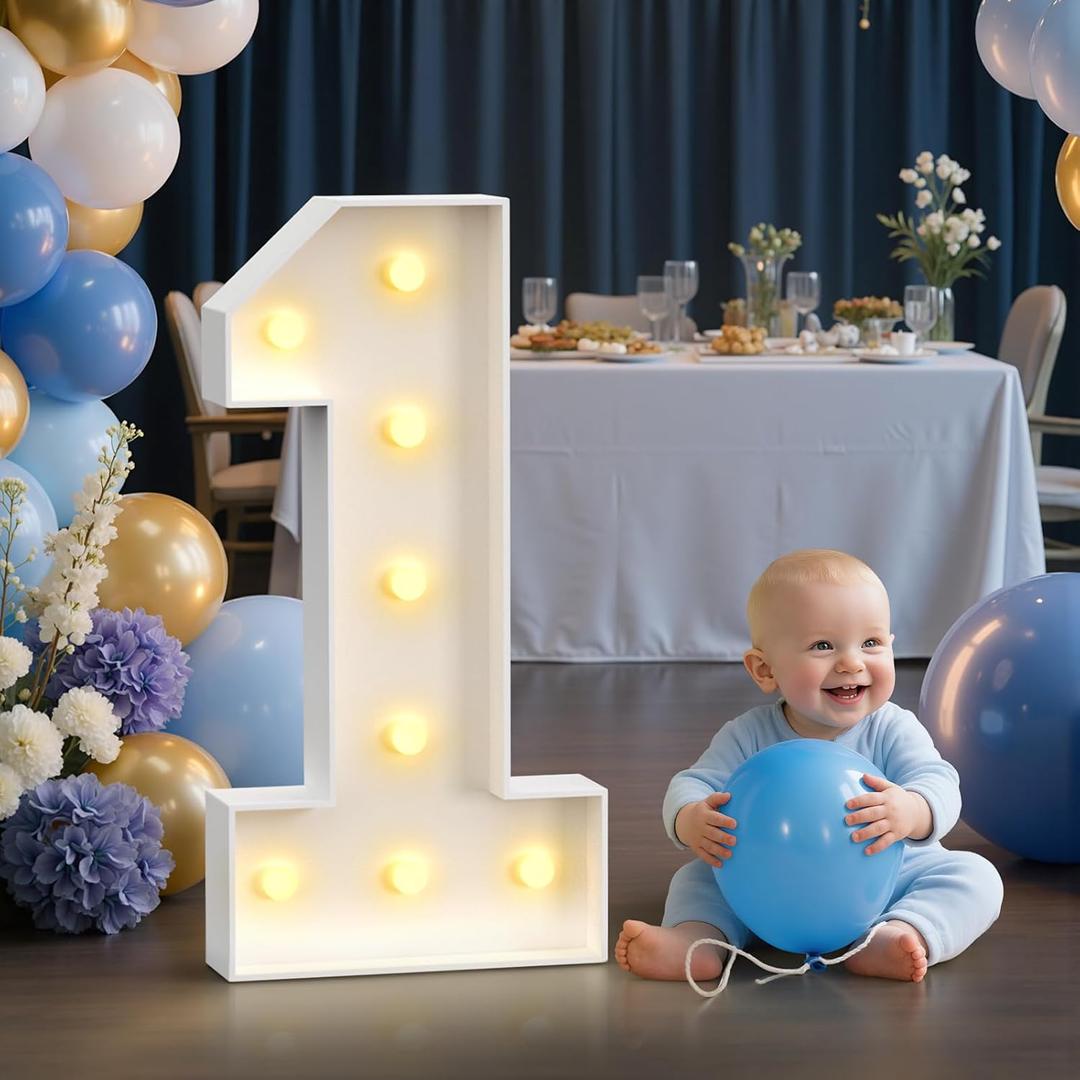 Large Marquee Numbers 1st-Birthday Decorations: 2.3FT Light-up Number Sign 1 First Birthday Decor for Boys and Girls One Year Old One derful First Trip Around the Sun Anniversary Backdrop Warm Lights (Yellow)