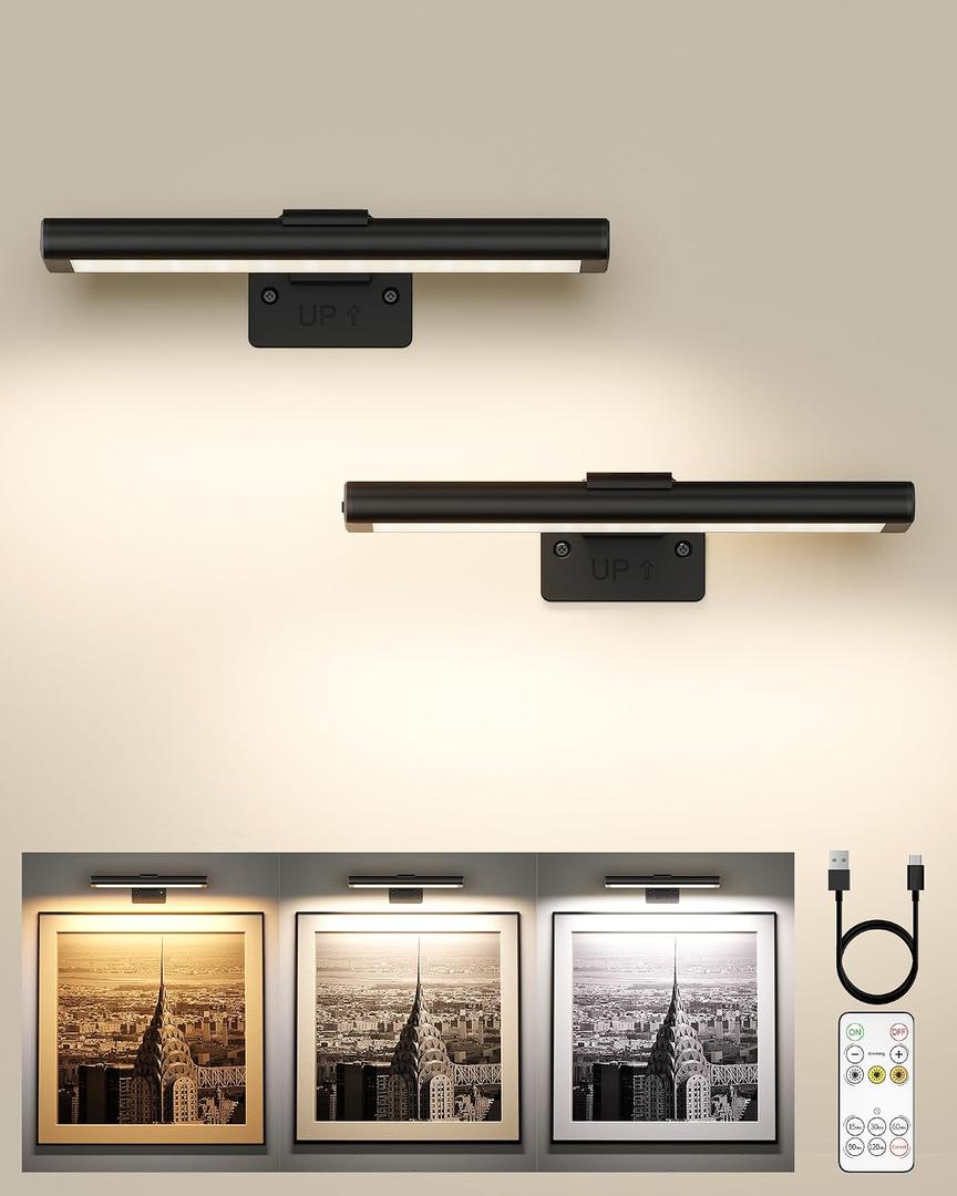 EZVALO Picture Light for Wall, Rechargeable 2400mAh Battery Lights Wireless with IR Remote, 3 Color & Dimmable Magnetic 7.87'' LED Lights Display for Painting, Living Room, Gallery, Bedroom(Black-2P)
