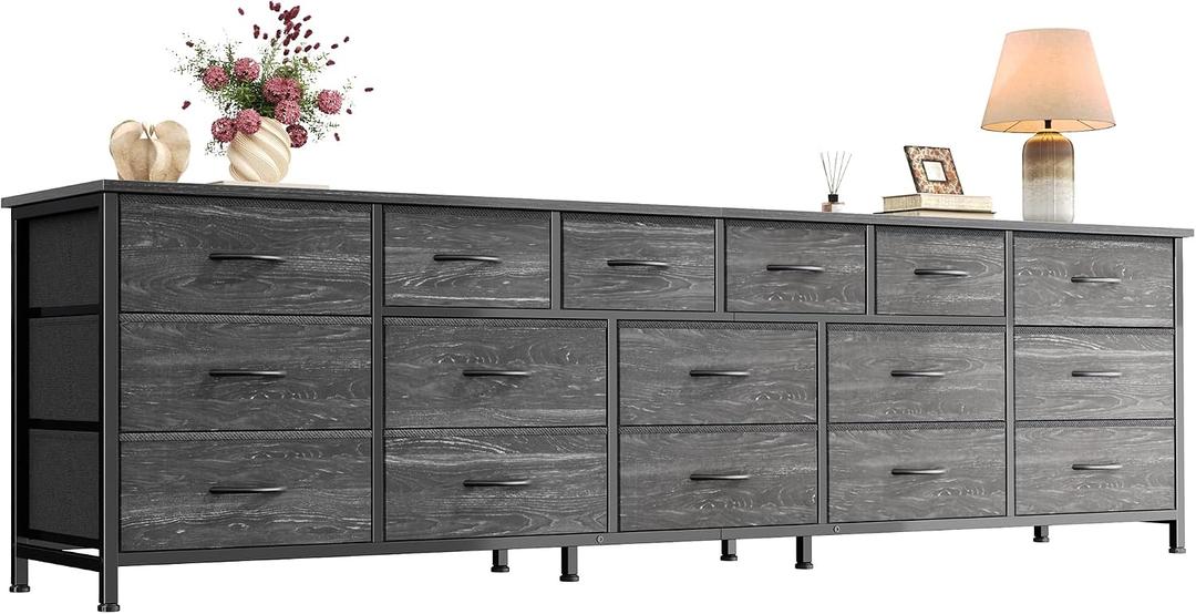 Huuger 77.6" Long Dresser for Bedroom, 16 Drawer Fabric Dresser for Closet, Wide Chest of Drawers with Storage, TV Stand for 65, 75, 85 Inch TV, 77.6" W x 12.9" D x 26.7" H, Charcoal Black