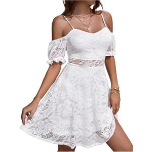 Women's Lace Flowy A Line Short Dresses Cold Shoulder Puff Sleeve Elegant Summer Dress (White, L)