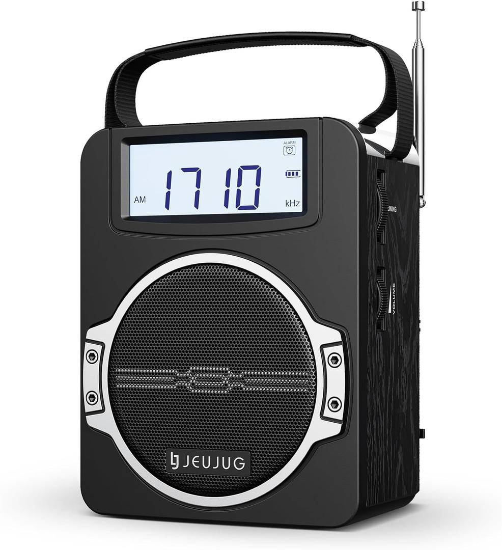 JEUJUG Radio Portable AM FM Digital Radios Clock Radio with Bluetooth 5 Watts Loud Speaker Rechargeable AM FM Radios Plug in Wall Battery Operated Best Reception for Home Outdoor Great Gift Black