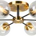 KCO Lighting Mid Century Modern Gold Ceiling Lighting Fixture 6-Light Black Metal Flush Mount Ceiling Lights Brushed Brass Clear Globe Bubble Ceiling Light Fixture Farmhouse Sputnik Chandelier, 26.8"W × 8.7"H