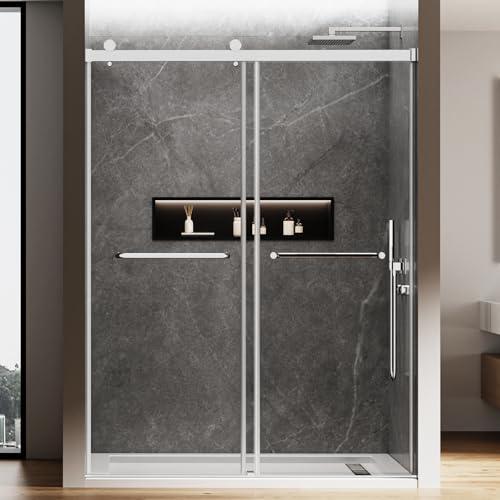 JONIVRAT 56-60" W x 76" H Double Sliding Shower Door, 5/16" (8mm) Clear Tempered Glass, Nano Coated for Easy Cleaning, Pull Handles Towel Rack, Stainless Steel Hardware (Bright Chrome)
