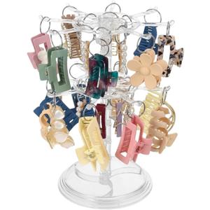 2 x 2-Tier Acrylic Rotatable Claw Clip Organizer Rack, Large Capacity Hair Claw Clips Holder with Tray for Bathroom Bedroom Dressing Table, Clear Hair Accessories Organizer Storage with 32 Metal Rings
