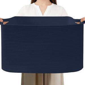 Large Blanket Basket,Woven Rope Basket Storage Bin with Handles,65L Rectangle Laundry Basket for Magazines,Toys,Clothes,Newspaper Shelf Organization,Nursery and Living Room,Navy