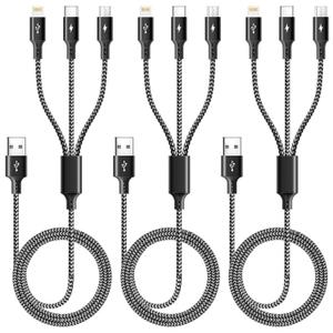 3 in 1 Multiple Charging Cable(2Pack 4Ft), Braided Multi Charger Cord Fast Charging Cable Universal USB Cable with Type C/Micro USB Port for Cell Phones, iPhone 16 15 14 13 Series (3, Black, 4Ft)
