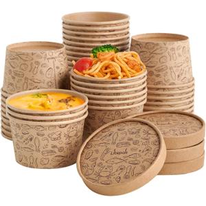 LITOPAK 50 Pack 8 oz Paper Containers with Vented Lids, Kraft Paper Food Cups, Soup Containers Cups with Lids, Disposable Bowls for Hot Soup for Storing Food or Carrying Out