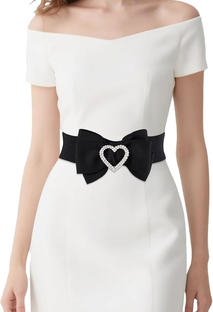 Women's Elastic Heart Rhinestone Bow Belt Stretch Ladies Belts for Dress (Large, Black)